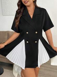 Flirla Blazer largo de doble botonadura con pliegues y color en bloques, tallas grandes, para primavera/otoño