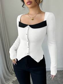 Elenzga Autumn/Winter Color Block Crew Neck Long Sleeve Asymmetrical Hem Tight Fit Fleece T-Shirt - White - View 5