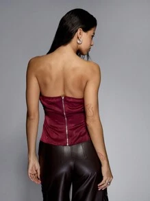 MISSGUIDED Top corset con cordones de satén burdeos, pieza de moda para fiesta, club nocturno, noche, vacaciones, invierno y glamour