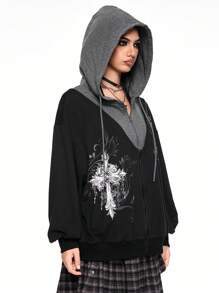 ROMWE Avant Women's Retro Y2K 2 In 1 Patchwork Thorn Vine & Cross Rhinestones Sweatshirt