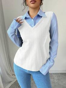 Elenzga Women's Casual Contrasting Striped Long Sleeve Pullover Top, Autumn - White - View 6