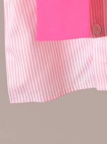 SHEIN Playful Pals 女婴两件套服装，粉色条纹衬衫 + 同款下装，时尚休闲风格，夏季 - 粉色 - 查看 5