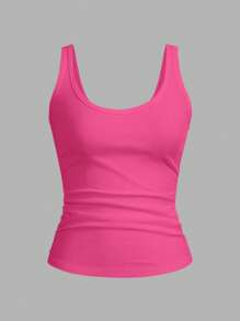 Slaydiva Basic Casual White Racerback Tank Top With Deep U-Neck - Hot Pink - View 1
