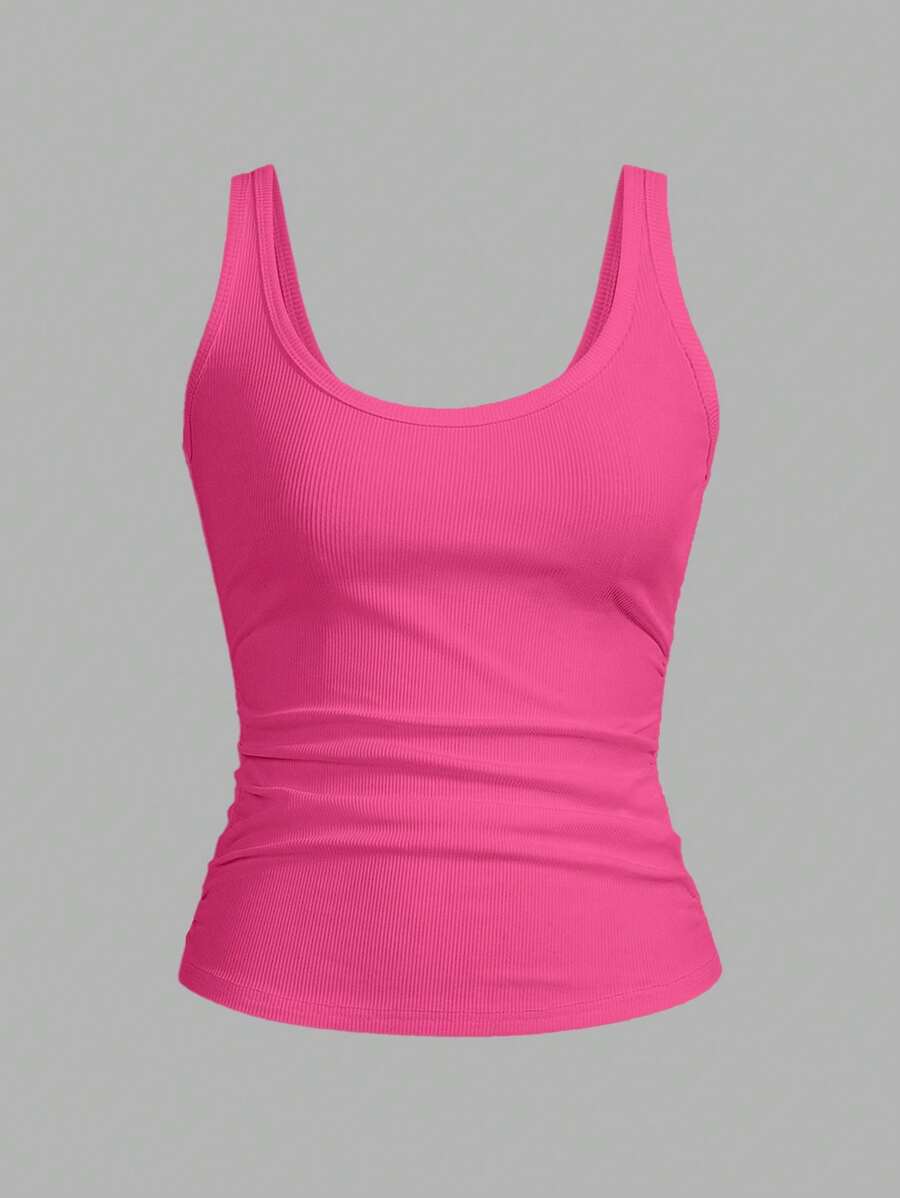 Slaydiva Basic Casual White Racerback Tank Top With Deep U-Neck - Hot Pink - View 1