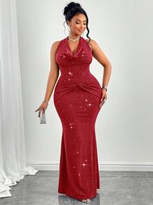 SOLERSUN Women's Solid Color Halter Cowl Collar Sparkly Slim Fit Mermaid Emerald Dress Formal,Suitable For Vacation & Dating - Red - View 5