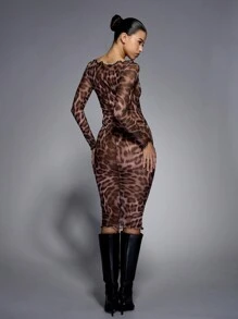MISSGUIDED Leopard Print Sheer Mesh Exposed Seam Long Sleeves Boat Neck Bodycon Midaxi Dress - Multicolor - View 2