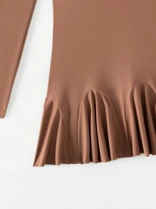 Swim Mulvari Summer Ladies Conservative Solid Color Round Neck Ruffle Trim Long Sleeve T-Shirt And Black Long Pants Swimwear Set - Brown - View 8