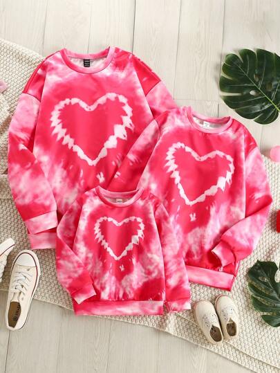 SHEIN 1 st Fashionabla Casual Heart Tie-Dye-tröja med rund hals för flickor, höst/vinter, alla hjärtans dag-present, mamma och jag matchande outfits (3 st säljs separat)