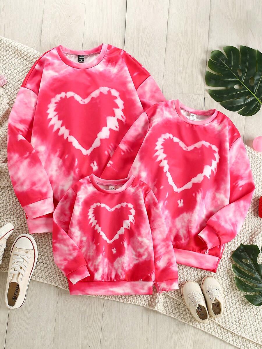 SHEIN 1pc Girls' Fashionable Casual Heart Tie-Dye Print Crew Neck Sweatshirt, Autumn/Winter, Valentine's Day Gift, Mommy And Me Matching Outfits (3pcs Sold Separately) - Multicolor - View 1