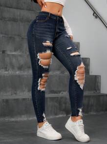 SHEIN Unity Distressed Frayed Edge Pocketed Solid Color Skinny Jeans Y2k - Dark Wash - View 5
