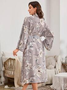 女士花卉印花喇叭袖长袍