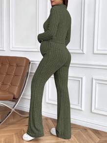 SHEIN Maternity Mock Neck Crop Top & Flare Leg Pants 2 Pieces Set - Army Green - View 2