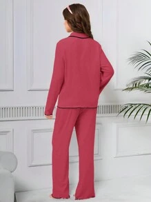 Teen Girl 2 Pieces Pajama Sets, Pink Minimalist Cherry Embroidery Long Pants & Long Sleeve Shirt, Fashion Home Wear
