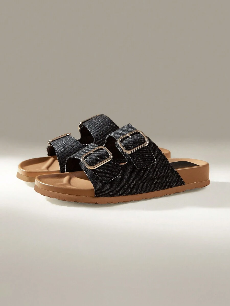 Solecia Sandalias planas negras casuales con hebilla cuadrada de metal, ideales para vacaciones - Negro - Ver 1