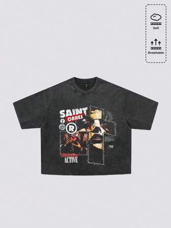 Grunge Punk Camiseta suelta y corta con lavado vintage y estampado gráfico con eslogan para hombres