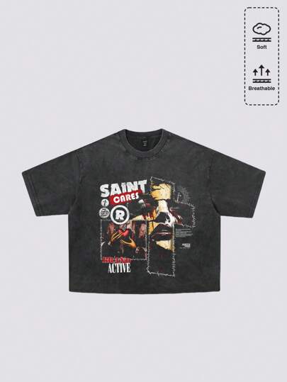Grunge Punk Camiseta suelta y corta con lavado vintage y estampado gráfico con eslogan para hombres