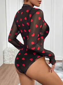Chiquease Body estilo envolvente con estampado de corazón, transparente y sexy personalizado - Negro - Ver 2