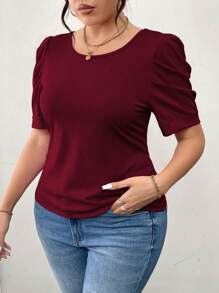Elenzga 大码女式夏季蝴蝶结装饰短款泡泡袖修身圆领 T 恤，新年款 - 酒紅色 - 查看 6