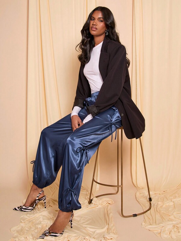 COSMINA Women Navy Blue Elegant Bow Design Suit Pants, Spring/Summer