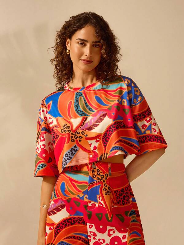 CAJUNI Tricou boho colorat cu plante tropicale cu imprimeu ocazional de vară, de plajă