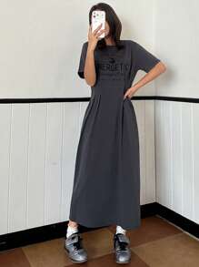 DAZY 女士圆领短袖字母印花休闲宽松连衣裙吊带长裙 - 灰色 - 查看 2