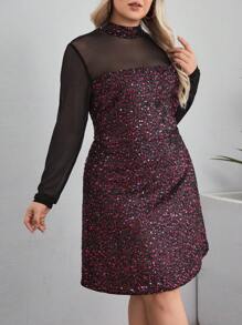 SHEIN Clasi Plus Size Women Sequins Patchwork Stand Collar Mesh Long Sleeve Elegant Dress - Hot Pink - View 4