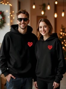 Manfinity Homme Áo hoodie liền thân in hình trái tim và mặt cười ngày lễ tình nhân thời trang giản dị dành cho cả nam và nữ, phù hợp cho các cặp đôi, gia đình, món quà tuyệt vời cho bạn trai - màu đen - Xem 1