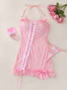 SHEIN 2pcs Romantic Criss-Cross Floral Lace Bow Asymmetric Elegant Sexy Women Nightgown And G-String Set, Pink - Pink - View 6
