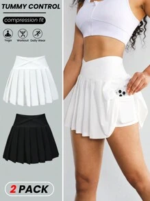 SHEIN Sport Studio 2pcs Women Solid Color Pleated Minimalist Sports Skort, Casual Daily Tennis Skirt