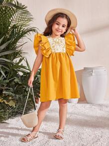 SHEIN Woven Solid Color Lace Ruffle Hem Bodycon Dress For Young Girls - Yellow - View 4