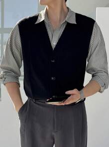 DAZY 男士简约时尚休闲衬衫，适合日常穿着，秋冬商务场合 - 藍色 - 查看 1