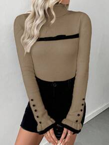 Chiquease 女士高领荷叶边纽扣装饰长袖针织套头毛衣，饰有蝴蝶结，秋冬保暖内衬 - 杏色 - 查看 5