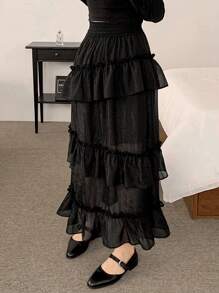 DAZY Women Elastic Waist Patchwork Ruffle Hem Casual Skirt - Black - View 4