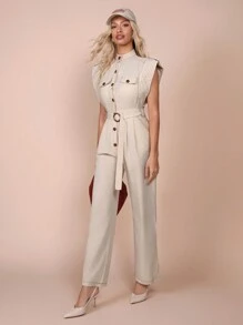 COSMINA Women's Casual Solid Color Front Button Jumpsuit, Summer - Apricot - View 3