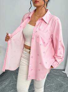 Elenzga Casual Romantic Pink Bow Print Blouse, Valentine's Gift Women Shirt ValentinesPink Lover Bow - Pink - View 7