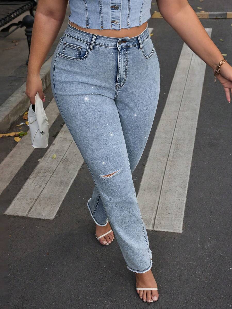 SHEIN Essnce Plus Size Casual Washed Distressed Rhinestone Embellished Jeans - Blue - View 1