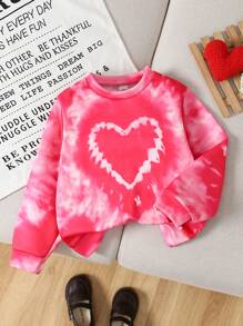 SHEIN 1pc Girls' Fashionable Casual Heart Tie-Dye Print Crew Neck Sweatshirt, Autumn/Winter, Valentine's Day Gift, Mommy And Me Matching Outfits (3pcs Sold Separately) - Multicolor - View 4