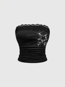 ROMWE J-Fashion Spring/Summer Valentine's Day Y2K Style Crop Top Set For Women, Featuring Star, Cross, Skull, And Animal Prints With Rhinestone Decor - Hot Pink - View 3