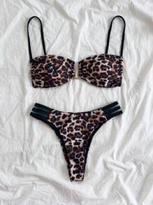 Soleia 2pcs Women's Leopard Print Contrast Color U-Wire Decor Back Strap Bikini Set, Suitable For Vacation,Swim Suits For Women,Vacation Outfit Women,Summer Outfits For Women,Beach Outfits For Women - Multicolor - View 5