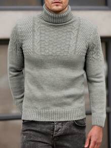 EURMUSE Men Cable Knit Detailed Turtle Neck Casual Sweater For Autumn & Winter - Grey - View 3