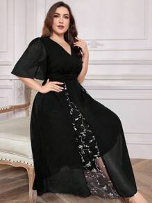 Modelyn Plus Size Elegant Embroidered Mesh Patchwork Dress - Black - View 6