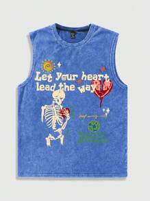 ROMWE MEN Street Life Men's Washed Crew Neck Sleeveless Casual Skeleton Printed Top, Daily Wear