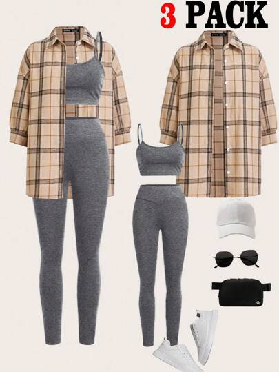 SHEIN Essnce 女士休闲轻便运动夏装，性感时尚户外骑行网球旅行上衣、紧身裤、格子衬衫 3 件/套