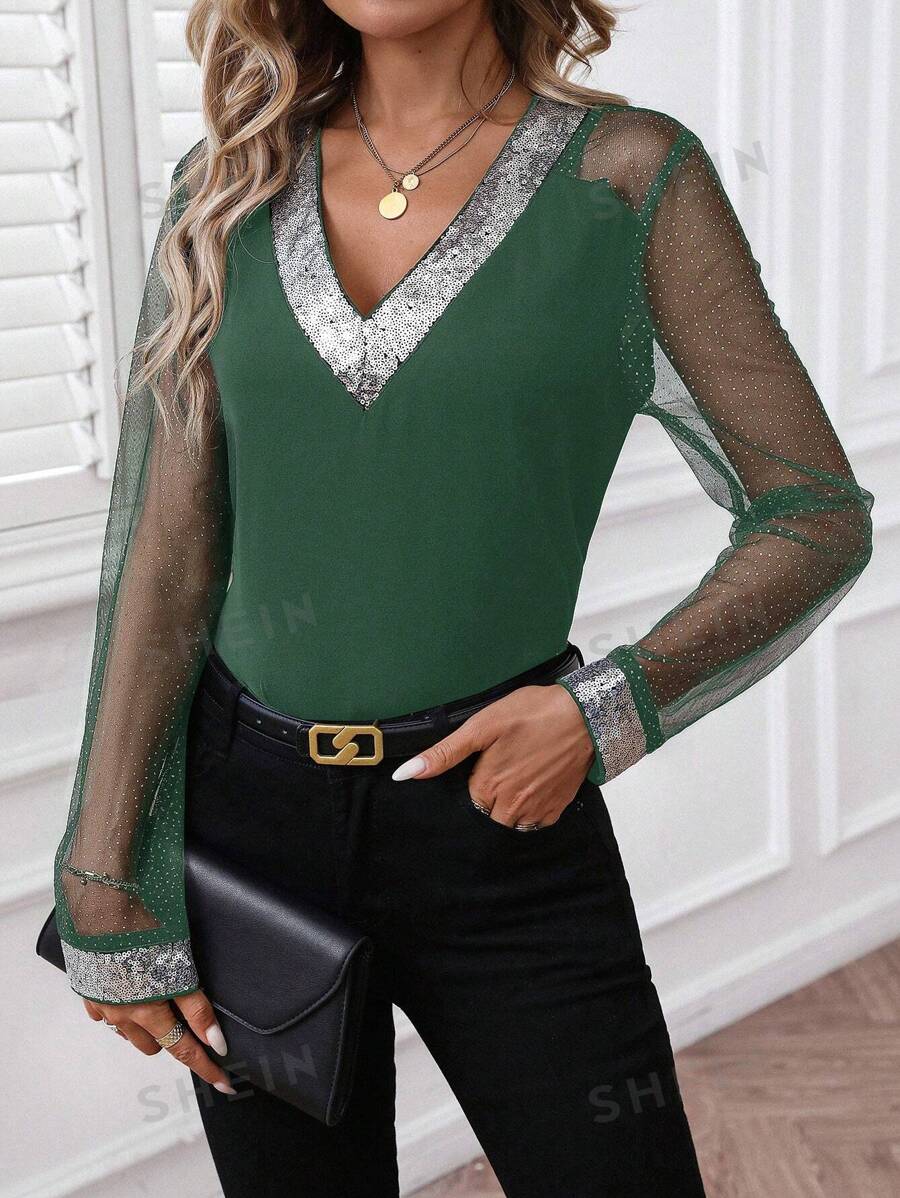 SHEIN LUNE 2024 Herbst/Winter Party Trage Schwarz & Silber Patchwork Hohlmuster Gewebte Damen Bluse, geeignet für Party - Dunkelgrün - Übersicht 1