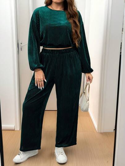 SHEIN LUNE 大码 2 件套，简约休闲纯色长袖上衣和裤子节日装圣诞节 2 件套上衣和裤子套装，女士休闲日常 T 恤和宽松直筒裤日常穿着