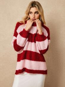 Poéselle Women's Burgundy Contrast Pink Stripe Oversize Drop Shoulder Long Sleeve Knit Sweater, Can Be Worn Off The Shoulder, Plush Knit Top, Valentine's Day Sweater, New Year's Day Sweater, Suitable For Going Out Party Women's Wear, New Year's Eve - Multicolor - View 7