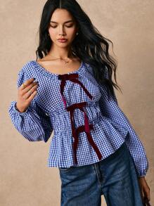 Poéselle 女式蓝白格子正面蝴蝶结饰边长袖圆领休闲上衣，撞色蝴蝶结饰边搭配蓝白格子衬衫，圣诞女装，长袖上衣，可爱衬衫，女式长袖上衣，25 款夏季女式上衣