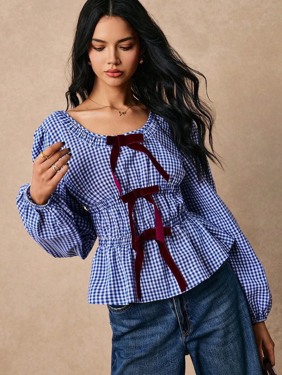 Poéselle 女式蓝白格子正面蝴蝶结饰边长袖圆领休闲上衣，撞色蝴蝶结饰边搭配蓝白格子衬衫，圣诞女装，长袖上衣，可爱衬衫，女式长袖上衣，25 款夏季女式上衣
