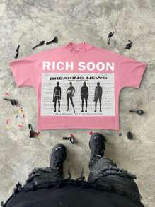 Manfinity Roghcode Young Men's Street Fashion Brand Portrait Graphic T-Shirt, Short Black Tee With Street Poster Design Rich Soon - Pink - View 5