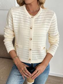 SHEIN LUNE Women's Apricot Round Neck Perforated Button & Fake Pocket Cardigan Sweater Fall Cloth For Women - Apricot - View 6